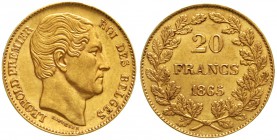 Ausländische Goldmünzen und -medaillen Belgien Leopold I., 1831-1865
20 Francs 1865. L. WIENER. 6,45 g. 900/1000.
vorzüglich