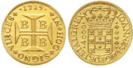 Ausländische Goldmünzen und -medaillen Brasilien Johannes V., 1706-1750
4000 Reis 1719 Bahia, 10,84 g.
vorzüglich/Stempelglanz, kl. Bearbeitungsstel...
