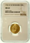Ausländische Goldmünzen und -medaillen Dänemark Friedrich V., 1746-1766
Kurantdukat (12 Mark) 1761 K-W. Im NGC-Blister mit Grading MS 63. (Top Pop, n...