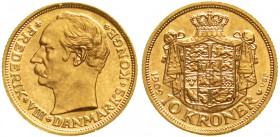 Ausländische Goldmünzen und -medaillen Dänemark Frederik VIII., 1906-1912
10 Kronen 1909 VBP. 4,48 g. 900/1000.
fast Stempelglanz
