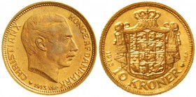 Ausländische Goldmünzen und -medaillen Dänemark Christian X., 1912-1947
10 Kronen 1913. 4,48 g. 900/1000.
Erstabschlag/Polierte Platte, selten in di...
