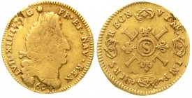 Ausländische Goldmünzen und -medaillen Frankreich Ludwig XIV., 1643-1715
Louis d`or aux quatre L's 1694 S, Troyes. Überprägungsspuren. 6,51 g.
schön...