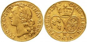 Ausländische Goldmünzen und -medaillen Frankreich Ludwig XV., 1715-1774
Louis d`or au bandeau 1746 W, Lille. sehr schön/vorzüglich, winz. Schrötlings...
