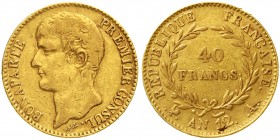 Ausländische Goldmünzen und -medaillen Frankreich Konsulat unter Napoleon Bonaparte, 1799-1804
40 Francs Premier Consul AN 12 A, Paris. 12,90 g. 900/...