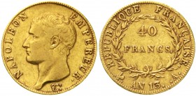 Ausländische Goldmünzen und -medaillen Frankreich Napoleon I., 1804-1814/15
40 Francs AN 13 A Paris. 12,90 g. 900/1000.
sehr schön