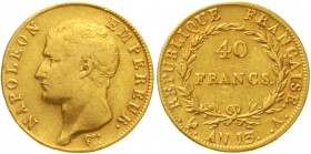 Ausländische Goldmünzen und -medaillen Frankreich Napoleon I., 1804-1814/15
40 Francs AN 13, Paris. 12,9 g. 900/1000.
fast sehr schön