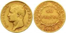 Ausländische Goldmünzen und -medaillen Frankreich Napoleon I., 1804-1814/15
40 Francs AN 14, Paris. 12,9 g. 900/1000.
fast sehr schön