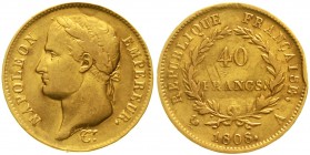 Ausländische Goldmünzen und -medaillen Frankreich Napoleon I., 1804-1814/15
40 Francs 1808 A, Paris. 12,90 g. 900/1000.
sehr schön, leicht justiert ...