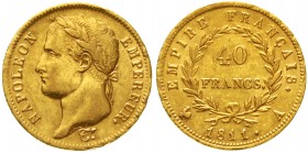 Ausländische Goldmünzen und -medaillen Frankreich Napoleon I., 1804-1814/15
40 Francs 1811 A, Paris. 12,9 g. 900/1000.
gutes sehr schön, prägebed. R...