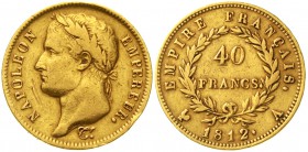 Ausländische Goldmünzen und -medaillen Frankreich Napoleon I., 1804-1814/15
40 Francs 1812 A, Paris. 12,9 g. 900/1000.
sehr schön, Randfehler und Kr...