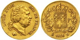 Ausländische Goldmünzen und -medaillen Frankreich Ludwig XVIII., 1814-1830
40 Francs 1816 L, Bayonne. Auflage nur 2923 Ex. 12,90 g. 900/1000.
sehr s...