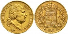 Ausländische Goldmünzen und -medaillen Frankreich Ludwig XVIII., 1814-1830
40 Francs 1817 A, Paris. 12,90 g. 900/1000.
gutes sehr schön, kl. Randfeh...