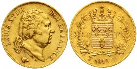 Ausländische Goldmünzen und -medaillen Frankreich Ludwig XVIII., 1814-1830
40 Francs 1818 W, Lille. 12,90 g. 900/1000.
sehr schön