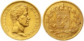 Ausländische Goldmünzen und -medaillen Frankreich Charles X., 1824-1830
40 Francs 1824 A, Paris. 12,90 g. 900/1000.
sehr schön, kl. Randfehler