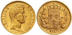 Ausländische Goldmünzen und -medaillen Frankreich Charles X., 1824-1830
40 Francs 1830 A, Paris. 12,90 g. 900/1000.
gutes sehr schön, kl. Randfehler...