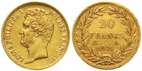 Ausländische Goldmünzen und -medaillen Frankreich Louis Philippe I., 1830-1848
20 Francs 1831 A, Paris. Erhabene Randschrift. 6,45 g. 900/1000
gutes...