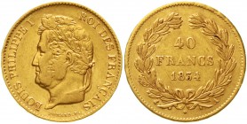 Ausländische Goldmünzen und -medaillen Frankreich Louis Philippe I., 1830-1848
40 Francs 1834 A, Paris. 12,90 g. 900/1000.
gutes sehr schön, kl. Ran...