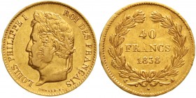 Ausländische Goldmünzen und -medaillen Frankreich Louis Philippe I., 1830-1848
40 Francs 1838 A, Paris. 12,90 g. 900/1000.
gutes sehr schön, winz. K...