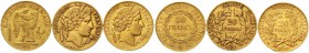 Ausländische Goldmünzen und -medaillen Frankreich Zweite Republik, 1848-1852
3 verschiedene 20 Francs: 1849 Genius, 1850, 1851 Cereskopf. Je 6,45 g. ...