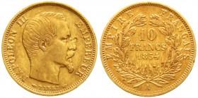 Ausländische Goldmünzen und -medaillen Frankreich Napoleon III., 1852-1870
10 Francs Kopf ohne Lorbeerkranz, kleines Format 1854 A, Paris. Kleines A....