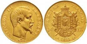 Ausländische Goldmünzen und -medaillen Frankreich Napoleon III., 1852-1870
50 Francs 1855 A, Paris 16,13 g. 900/1000.
sehr schön/vorzüglich, Schrötl...