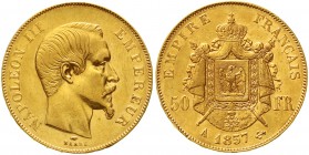 Ausländische Goldmünzen und -medaillen Frankreich Napoleon III., 1852-1870
50 Francs 1857 A, Paris 16,13 g. 900/1000.
fast vorzüglich, Randfehler