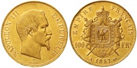 Ausländische Goldmünzen und -medaillen Frankreich Napoleon III., 1852-1870
100 Francs 1857 A, Paris. 32,26 g. 900/1000.
fast vorzüglich, Randfehler...
