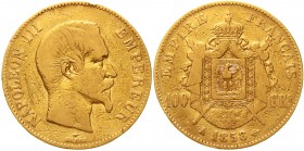 Ausländische Goldmünzen und -medaillen Frankreich Napoleon III., 1852-1870
100 Francs 1858 A, Paris. 32,26 g. 900/1000.
schön, Randfehler