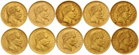 Ausländische Goldmünzen und -medaillen Frankreich Napoleon III., 1852-1870
10 verschiedene 20 Francs Kopf mit Lorbeerkranz aus 1861 bis 1870. Paris 1...