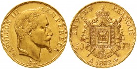Ausländische Goldmünzen und -medaillen Frankreich Napoleon III., 1852-1870
50 Francs 1862 A, Paris 16,13 g. 900/1000.
fast vorzüglich, Randfehler