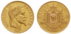 Ausländische Goldmünzen und -medaillen Frankreich Napoleon III., 1852-1870
100 Francs 1864 A, Paris. 32,26 g. 900/1000. Auflage nur 5536 Ex.
sehr sc...