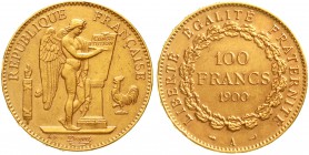 Ausländische Goldmünzen und -medaillen Frankreich Dritte Republik, 1871-1940
100 Francs stehender Genius 1900 A, Paris. 32,25 g. 900/1000.
sehr schö...
