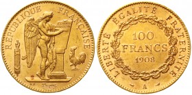 Ausländische Goldmünzen und -medaillen Frankreich Dritte Republik, 1871-1940
100 Francs stehender Genius 1908 A, Paris 32,26 g. 900/1000.
fast vorzü...