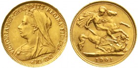 Ausländische Goldmünzen und -medaillen Grossbritannien Victoria, 1837-1901
1/2 Sovereign 1901 Drachentöter. 3,99 g. 917/1000.
fast Stempelglanz, win...