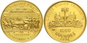 Ausländische Goldmünzen und -medaillen Haiti
1000 Gourdes 1974. 200 Jahre USA. 13 g. 900/1000. Auflage nur 480 Ex.
Polierte Platte, min. berührt