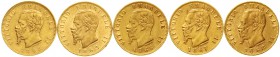 Ausländische Goldmünzen und -medaillen Italien- Königreich Vittorio Emanuelle II., 1861-1878
5 verschiedene 20 Lire: 1862, 1863, 1865, 1867, 1868, al...