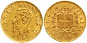 Ausländische Goldmünzen und -medaillen Italien- Königreich Vittorio Emanuelle II., 1861-1878
10 Lire 1863 BN. 3,23 g. 900/1000.
vorzüglich, kl. Krat...