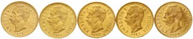 Ausländische Goldmünzen und -medaillen Italien- Königreich Vittorio Emanuelle II., 1861-1878
5 verschiedene 20 Lire: 1879, 1880, 1881, 1882, 1883, al...