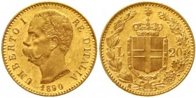 Ausländische Goldmünzen und -medaillen Italien- Königreich Vittorio Emanuelle II., 1861-1878
20 Lire 1890 R. 6,45 g. 900/1000
gutes vorzüglich
