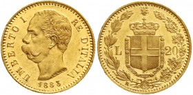 Ausländische Goldmünzen und -medaillen Italien- Königreich Umberto I., 1878-1900
20 Lire 1883 R im Stempel geändert aus 1882. 6,45 g. 900/1000.
gute...