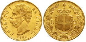 Ausländische Goldmünzen und -medaillen Italien- Königreich Umberto I., 1878-1900
20 Lire 1886 R. 6,45 g. 900/1000.
fast Stempelglanz, Prachtexemplar...