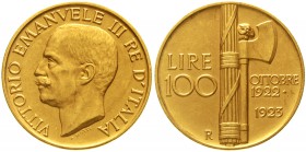 Ausländische Goldmünzen und -medaillen Italien- Königreich Vittorio Emanuele III., 1900-1945
100 Lire 1923 R. 1 Jahr faschistische Regierung. 32,26 g...