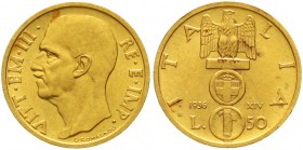 Ausländische Goldmünzen und -medaillen Italien- Königreich Vittorio Emanuele III., 1900-1945
50 Lire 1936 Jahr XIV. Emblem mit Adler, Savoy-Schild un...
