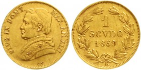 Ausländische Goldmünzen und -medaillen Italien-Kirchenstaat Pius IX., 1846-1878
Scudo d'oro 1859 R, Rom. AN XIII. 16 mm, 1,74 g.
sehr schön/vorzügli...