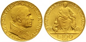 Ausländische Goldmünzen und -medaillen Italien-Kirchenstaat Pius XII., 1939-1958
100 Lire 1942. Caritas 5,19 g. 900/1000. Auflage nur 2000 Ex. Mit al...