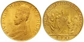 Ausländische Goldmünzen und -medaillen Italien-Kirchenstaat Pius XII., 1939-1958
100 Lire 1950. Öffnung des Heiligen Tores. 5,19 g. 900/1000.
prägef...