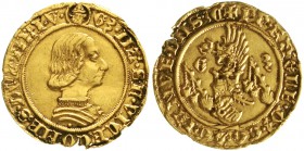 Ausländische Goldmünzen und -medaillen Italien-Mailand Galeazzo Maria Sforza, 1466-1476
Ducato o.J. (nach 1467). 1. Typ. Barhäuptiger Kopf n.r., darü...