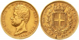 Ausländische Goldmünzen und -medaillen Italien-Sardinien Carl Albert, 1831-1849
100 Lire 1834 Adlerkopf, Turin 32,25 g. 900/1000
sehr schön, kl. Kra...