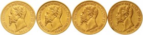 Ausländische Goldmünzen und -medaillen Italien-Sardinien Victor Emanuel II., 1849-1878
4 verschiedene 20 Lire: 1850, 1855, 1857, 1861 (Randfehler), a...