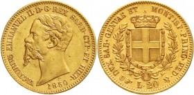 Ausländische Goldmünzen und -medaillen Italien-Sardinien Victor Emanuel II., 1849-1878
20 Lire 1850 B. Adlerkopf. 6,45 g. 900/1000.
sehr schön, kl. ...